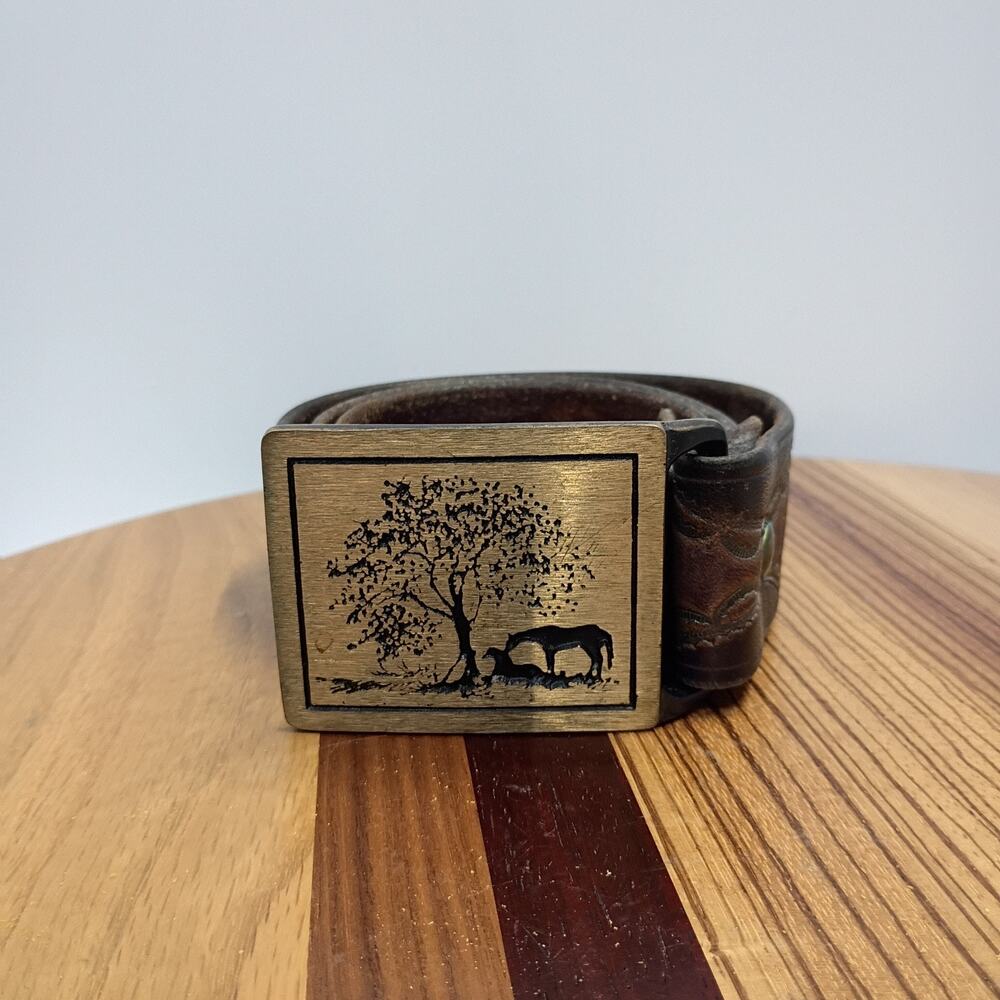 Vintage 1979 "Two Horses" Tech-Ether Guild Art Brass Buckle & Leather Belt